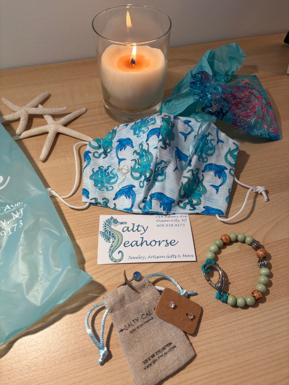 New! Blue Ocean Print Jewelry & Face Mask 🐚